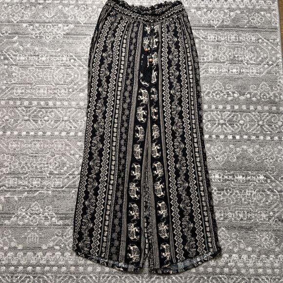 Soft Surroundings Pants - Soft Surroundings Elephant Print Palazzo Pant Black Tan Large Elastic Tassel NWT